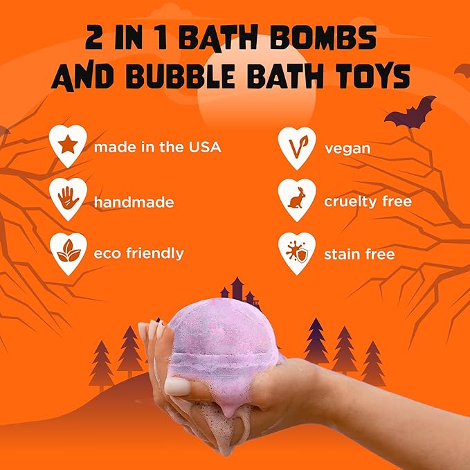 Halloween Bath Bombs for Kids with Surprise Halloween Toys Inside (6 Pack) - Large Pumpkin Bath Bombs for Kids, Boys, Girls & Teens – Spooky Boo Basket Stuffers for Kids - Made in USA by Two Sisters