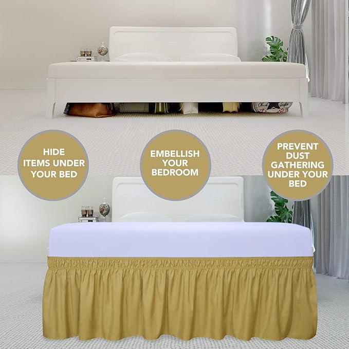 PureFit Wrap Around Ruffled Bed Skirt with Adjustable Elastic Belt - 14 Inch Drop Easy to Put On, Wrinkle Free Bedskirt Dust Ruffles, Bed Frame Cover for Queen, King and C-King Size Beds, Gold