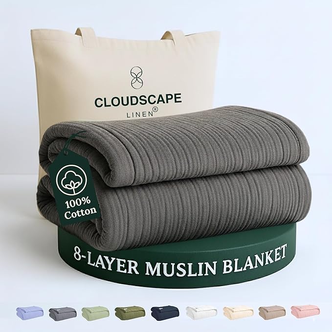 Cloud Scape Linen 8-Layer Muslin Blanket King Size for Adult - 100% Cotton, Breathable and Soft, Perfect Winter Cozy Blanket, Fits up to California King Bed, 92x108, Dark Grey