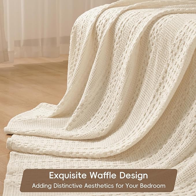 PHF 100% Cotton Waffle Weave Blanket King Size for Bed, Soft Lightweight & Breathable, All-Season Comfort, Luxury Aesthetic Woven Bedding for Home Decor, 108"x90", Natural