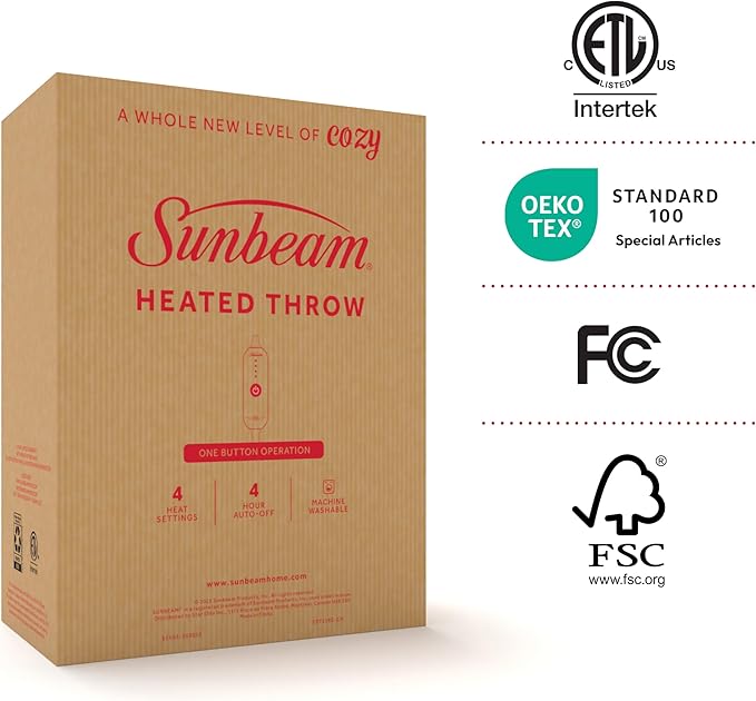 Sunbeam Electric Throw Royal Luxe Microplush Heated Blanket, 4 Heat Settings, 4-Hour Auto Shut-Off, Fast Heating, Warm and Cozy, Dove Grey Color, 50" x 60"