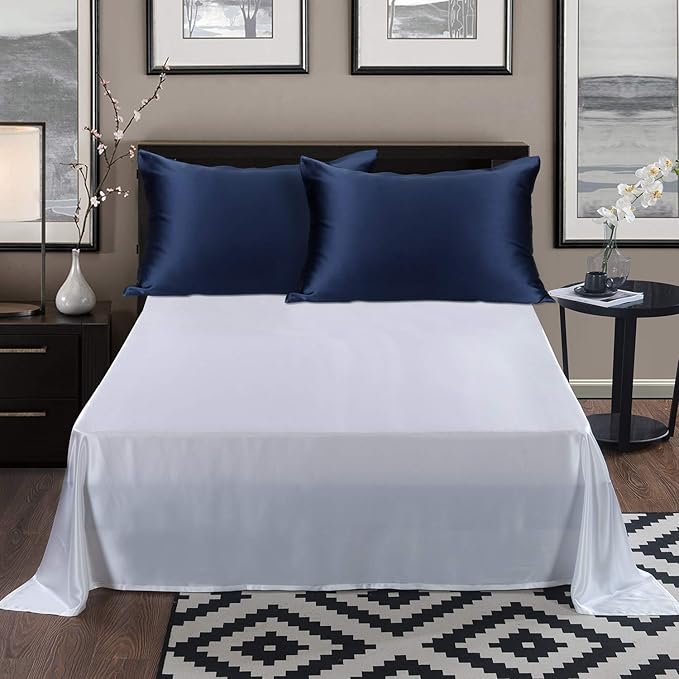 ALASKA BEAR Silk Pillowcase for Hair and Skin, Set of 2 Pure Genuine 22 Momme Mulberry Silk Pillow Cases Queen Size for Bliss Sleep Better Than Poly Satin, Zipper Closure(2pc, Navy)