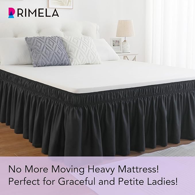 RIMELA Black King Size Bed Skirt 12 Inch Drop, Elastic Bed Skirts Cal King Dust Ruffle, Black Bedskirt for Adjustable Bed Base Solid Fade Resistant Silky Fabric Machine Washable Easy to Install