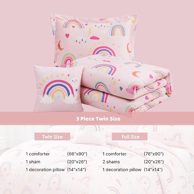 Glow in The Dark Twin Size Comforter Set for Girls, Pink Rainbow Bedding Set for Kids 1 Comforter, 1 Decor Pillow, 1 Pillow Sham