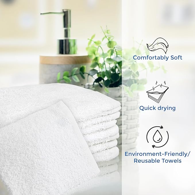 Crystal Ridge 100% Cotton Premium Wash Cloths, 12"x12", 8 Pack, Soft Feel, Absorbent Multipurpose Towels for Bathroom, Kitchen and Gym. Face & Body Washcloths, Bar Towels (8, White)