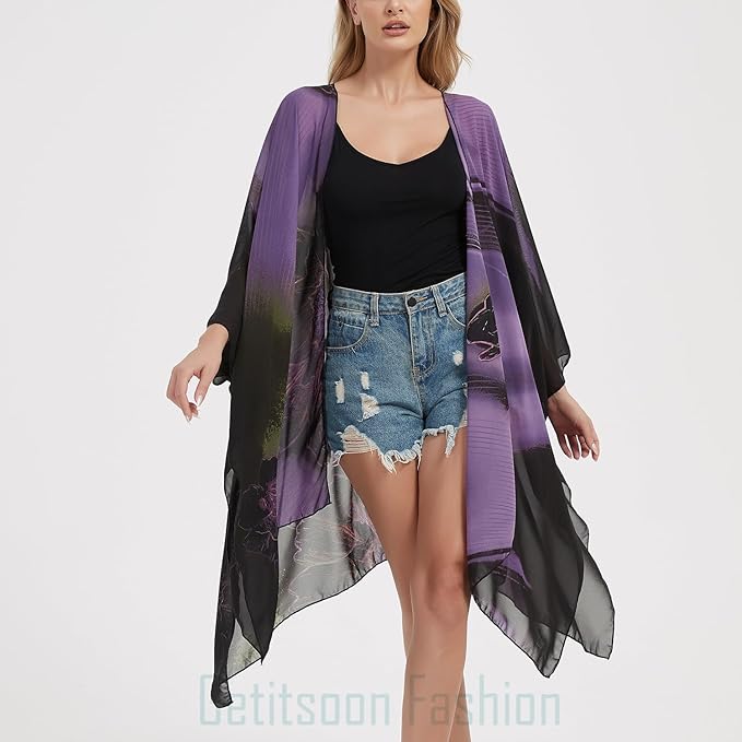 Women's Bohemian Floral Chiffon Beach Cover up Swimsuit Kimono Summer Swimwear Cardigans