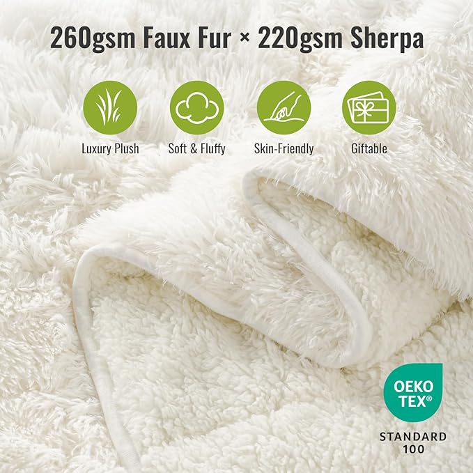Uttermara Shaggy Faux Fur Weighted Blanket 15lbs, Super Soft Plush Fleece and Cozy Sherpa Reverse, Decorative Long Fur Throw Blankets 48"x72" 15LBS Cream