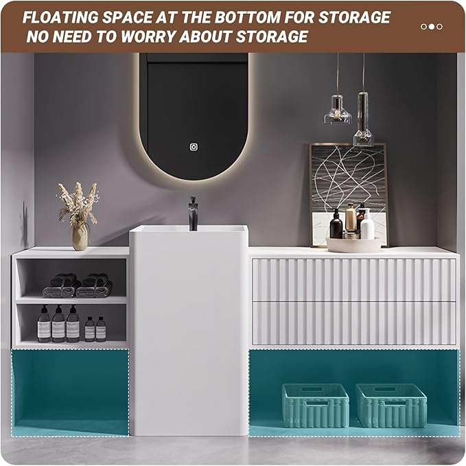 64Inch Freestanding Sink Bathroom Vanity, Wall-Mount Bathroom Cabinet with Open Storage and Striped Drawers, Solid Wood Bathroom Vanity with Smart Defog Mirror and Spacious Rock Plate Countertop