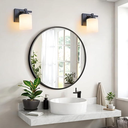 1 Light Modern Bathroom Light Fixtures Over Mirror, Black Vanity Lights for Bathroom Wall Sconces with Milky White Glass Shades, E26 Socket (Bulbs Not Included)