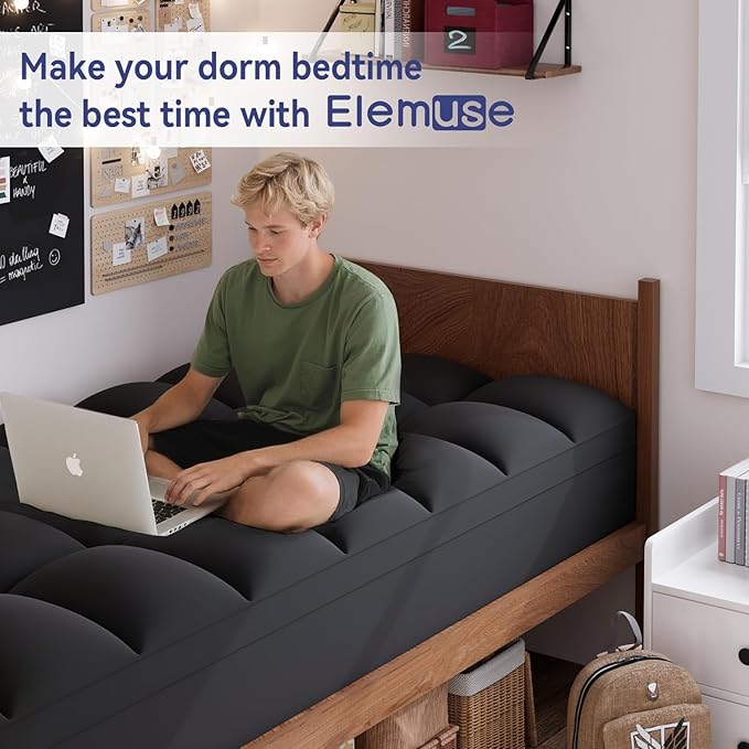 ELEMUSE Twin XL Black Cooling Mattress Topper, Pillow Top, 100% Polyester, Machine Washable, 10 Inches