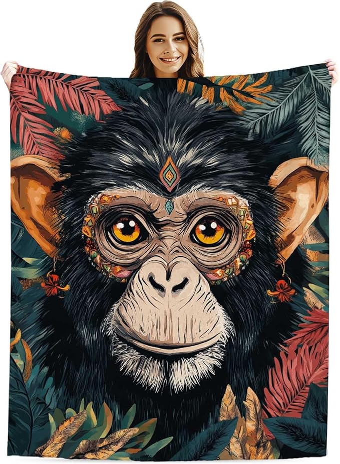 Tropical Monkey Leaves Throw Blanket | Modern Jungle Animal Decor | Lightweight and Cozy Fleece | Holiday and Birthday Gift Idea for Men and Women | 40x50 Inches