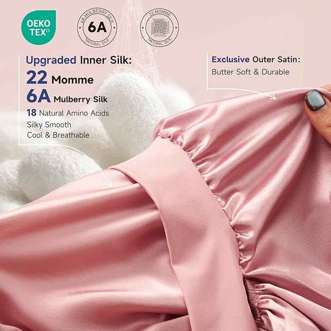 Umisleep 22 Momme Mulberry Silk Bonnet for Sleeping Women, Untangled Hair Care Bonnet, Extra Long for Curls & Braids - Lays Flat for Styling, Double Layer Hair Wrap with Soft Adjustable Tie, Pink