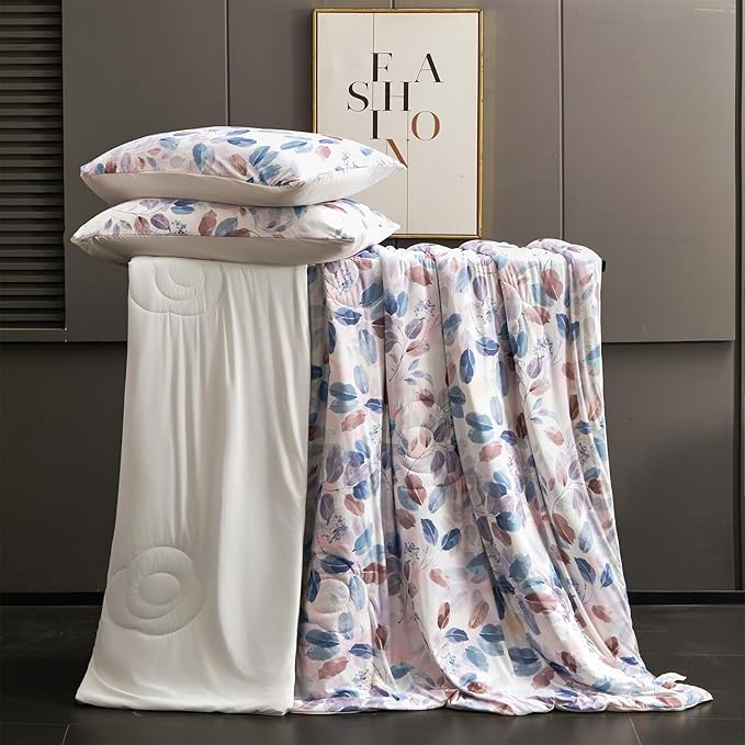 Cyusri Print Cooling Comforter Set 2Pcs Breathable Cool Twin Size Bedding Set with 1 Pillowcase Leaf Pattern Silky Cold Quilt, Blue 68"x90"
