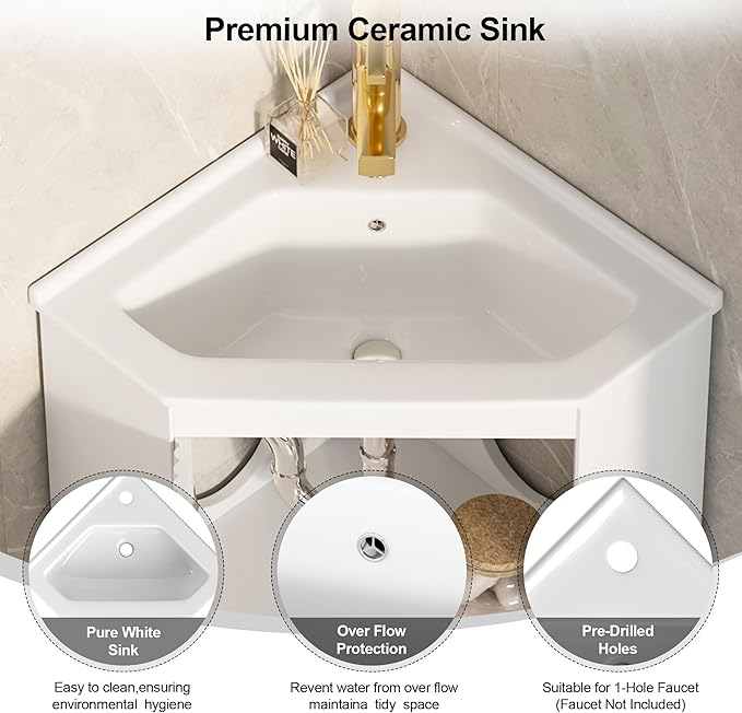 24" Corner Bathroom Vanity Sink Combo for Small Space, Freestanding Compact Space Bathroom Storage Cabinet with White Ceramic Sink, Wall Mounted Modern Vanity,White