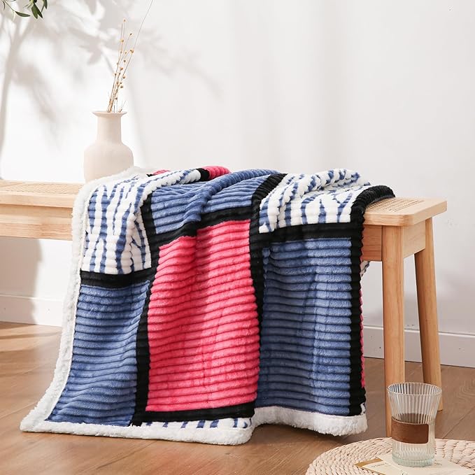 PU MEI Sherpa Blanket Fleece Throw Blanket Queen Plaid Thick Bed Blanket, Soft Warm Cozy Throw Blanket, 80”*90” Zabra-Navy Pink