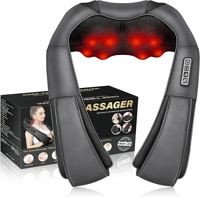 Shiatsu Neck Massager, Electric Neck and Back Massager with Heat, 3D Kneading Massage Pillow for Neck, Back, Shoulder, Muscle Pain Relief, Office & Home & Car Use, Fits for Parents (Gray-Button)