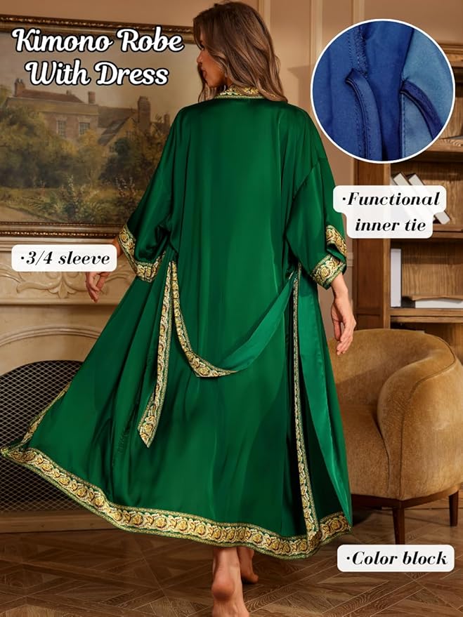 Satin Robe Sets For Women, 2-PC Lightweight Bathrobe, Silk Sleepwear Kimono Bridesmaid Sexy Robes