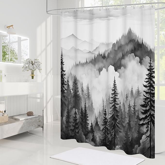 Black and Grey Misty Pine Forest Shower Curtain, Mountain Foggy Woodland Scenery Tree Shower Curtains for Chic Rustic Bathroom, Abstract Modern Waterproof Nature-Themed Decor, 72x72 Inches