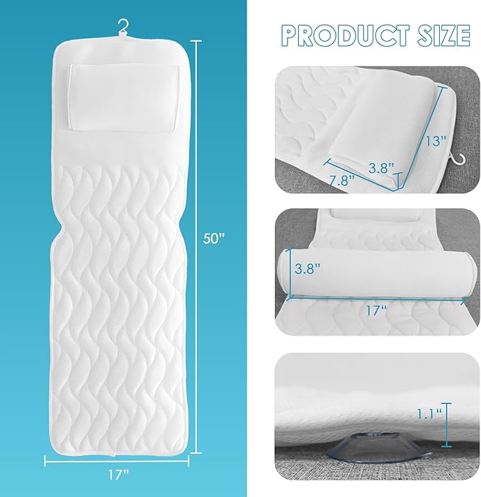 AEROiVi Full Body Bath Pillow with Lumbar Pillow Bathtub Cushion with 14 Suction Cups 3D Air Mesh Fit Any Tub Luxury Bathroom Accessories