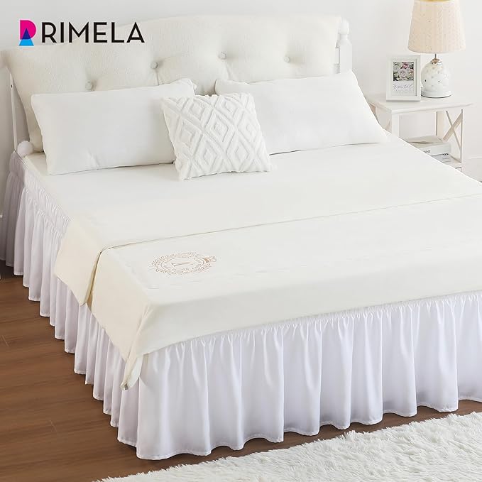 RIMELA White Bed Skirt Full Size 18 Inch Drop, Elastic Bed Skirting for Bed Base and Frame, Bedding Dust Ruffle Easy to Install, Lightweight Wrap Around Adjustable Bedskirt