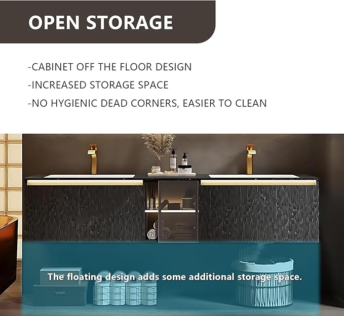 80" Double Bathroom Sink Vanity, Modern Bathroom Vanity Includes LED Smart Defogging Mirror Cabinet & Semi-Open Storage & Ceramic Basin, Floating Bathroom Cabinet with Sensor Light (Dark Brown)