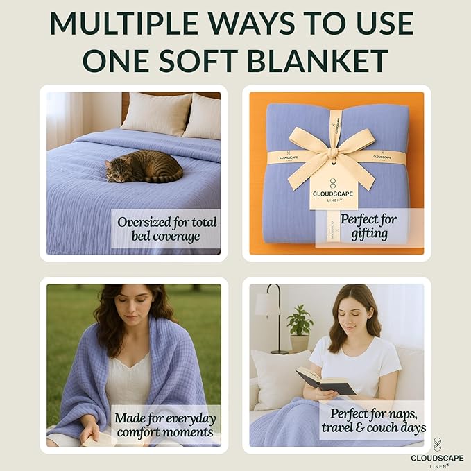 Cloud Scape Linen 8-Layer Muslin Blanket Queen Size - 100% Cotton, Soft and Breathable, Oversized Winter Blanket, Fits up to Full Size Bed, 92x92, Lavender Blue