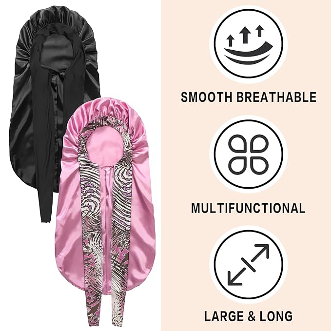 2Pcs Bonnets for Black Women Braid Bonnet, Large Long Satin Silk Bonnet for Braids,Black Women Braid Bonnet with Stretchy Tie Band for Sleeping Extra Long (Black & Pink Pattern)