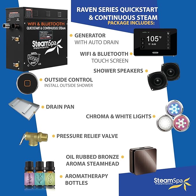 SteamSpa Steam System 4.5kW Steam Shower Generator with Bluetooth Wifi, Quickstart Continous Steam, Advanced Touch Pad Screen, Chroma Lights, Drain Pan and Auto Drain Oil Rubbed Bronze RVBS450ORB-A
