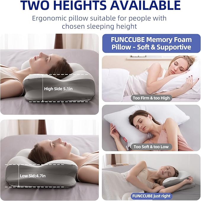 Cervical Neck Pillow for Sleeping, Dual-Height Contour Pillow for Neck Pain Relief, Butterfly Ergonomic Memory Foam Neck Support Pillow with Cooling Breathable Cover for Side Sleepersr, Queen White