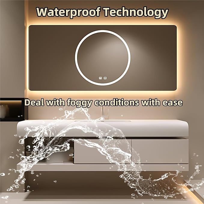 52IN Bathroom Vanity with Sink - Bathroom Cabinet Set has 2 Drawers & Overflow Hole Wall Mounted | LED Practical Defogging Mirror, Open Compartments, Seamless Rock Slab Basin (Khaki)