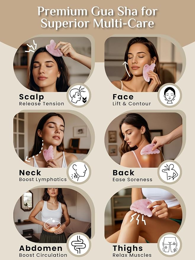 Rena Chris Body Gua Sha Tools, Natural Rose Quartz Jade Guasha Tool, Manual Massage Sticks for Jawline Sculpting and Puffiness Reducing, Whole Body Skin Care Massager (Pink)