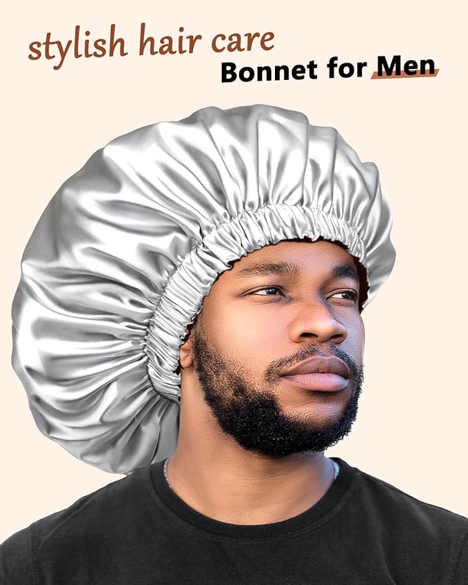 mikimini Satin Bonnet for Men and Women, Reversible Double Layer Sleeping Bonnet for Hair Braids with Anti-slip Adjustable Elastic Band Super Soft (XL, Black/silver)