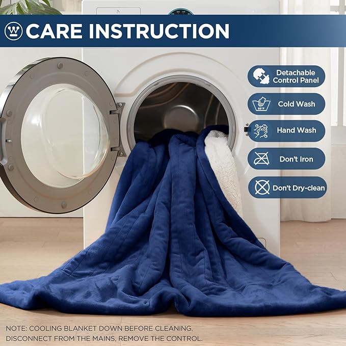 Westinghouse Electric Blanket Full, Heated Blanket Full Size with 10 Heating Levels and 1 to 12 Hours Heating Time Settings, Flannel to Sherpa Reversible, Machine Washable (80" x 84", Navy)