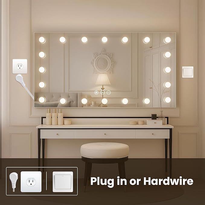 WTTY LED Bathroom Mirror with Lights 48"x36" Hollywood Wall-Mounted Mirror with 3 Color Temperatures, Stepless Dimmable Bulbs, Anti-Fog & Shatter-Proof