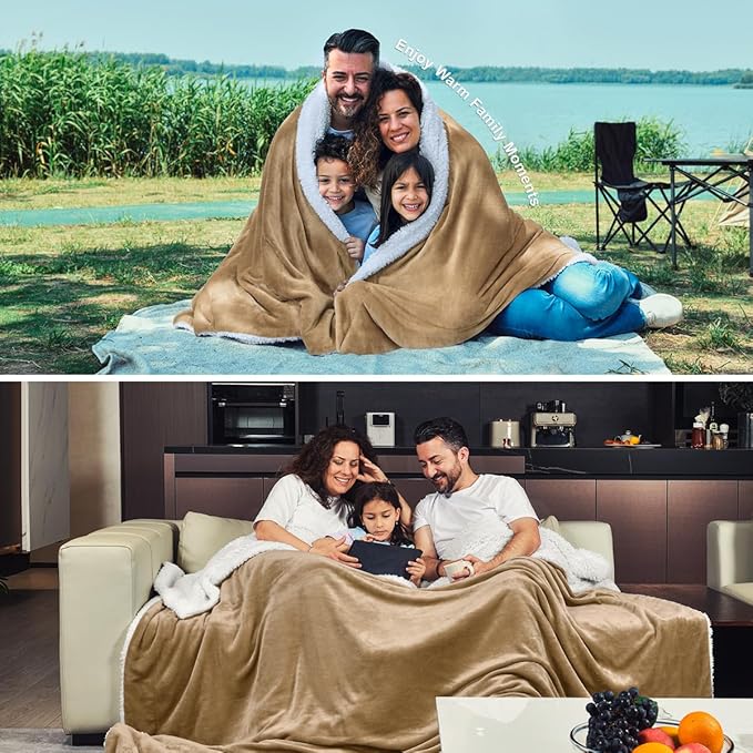 KAWAHOME Sherpa Fleece King Size Blanket for Bed - Extra Warm and Heavy Thick Blankets for Winter, Super Soft 500GSM Plush Blanket, 108" X 90" Camel