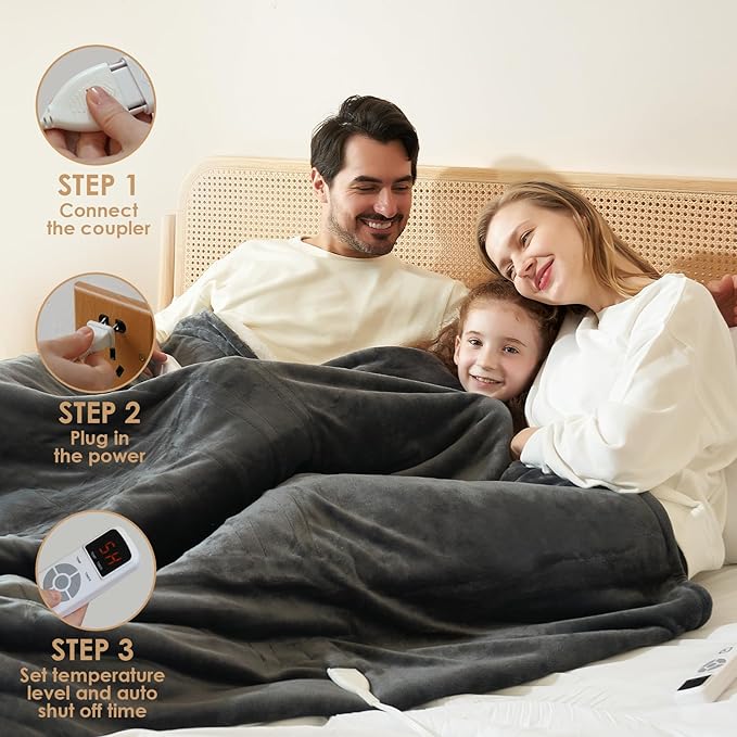 EHEYCIGA Heated Blanket - Electric Throw with 9 Heating Levels & 10 Hr Auto Off, Soft Cozy Sherpa Blanket, 50 x 60 Inches