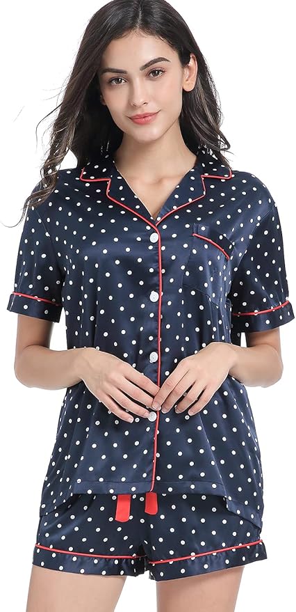 Women's Satin Pajama Set 2-Piece Sleepwear Loungewear Button Down Short Sleeve Silky PJ Set