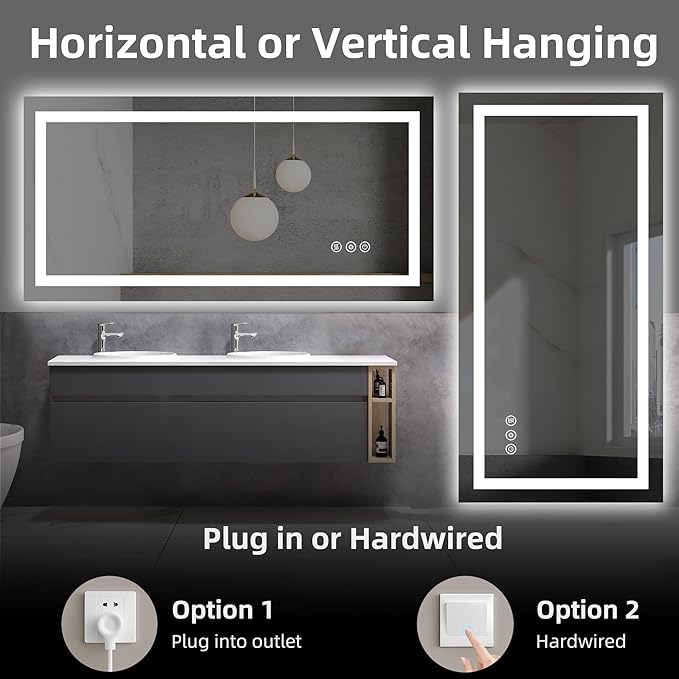 LED Bathroom Mirror with Backlit & Front Light, 48"x24" Anti-Fog, Memory Function, Dimmable Color & Brightness,CRI90+, IP54 Waterproof, Horizontal/Vertical, Wall Mounted