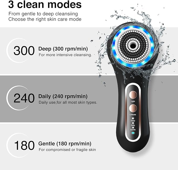Face Scrubber Exfoliator,Facial Cleansing Brush Rechargeable IPX7 Waterproof with 5 Brush Heads,Electric Face Spin Brush for Exfoliating, Massaging and Deep Cleansing (Black+Gold)