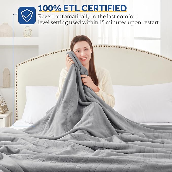 Sealy Electric Blanket King, Flannel Heated Blanket King Size with 10 Heating Levels & 1-12 Hours Auto Shut Off, Machine Washable, Light Grey, 100 x 90 Inch