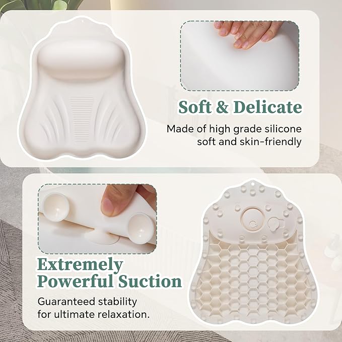 Silicone Bath Pillow for Tub Adults, 4D Air-Cushion Bathtub Pillow for Head Neck and Back Support, Non-Slip Suction Cups, Quick-Drying Waterproof Spa Pillow, Easy to Clean & Store