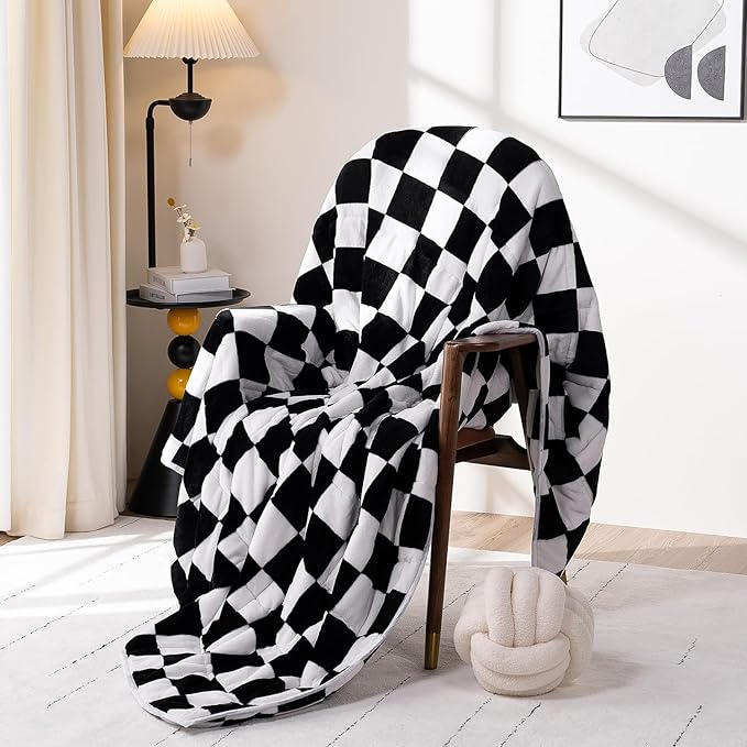 Wemore Flannel Fleece Weighted Blanket for Adult Queen Size 15 lbs, Dual Sided Luxurious Checkerboard Grid Heavy Blankets, Ultra Soft Throw Blanket, Plaid Black, 60 x 80 inches