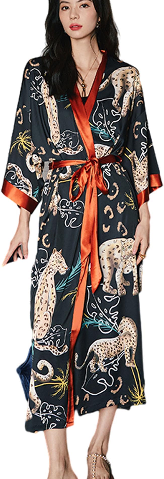 Silk Satin Robe for Women Long Japanese Kimono Robe Lightweight Soft Bathrobe Floral Luxury Dressing Gown