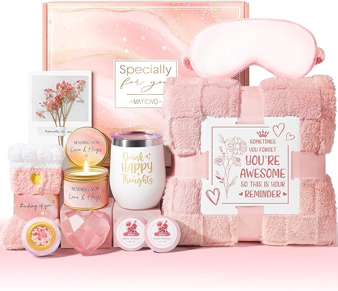 Christmas Birthday Gifts for Women, Self Care Get Well Soon Gift Baskets for Women, Rose Relaxing Spa Gifts Care Package w/ Luxury Blanket, Unique Gift Ideas for Mom Her Wife Girlfriend Friend Sister