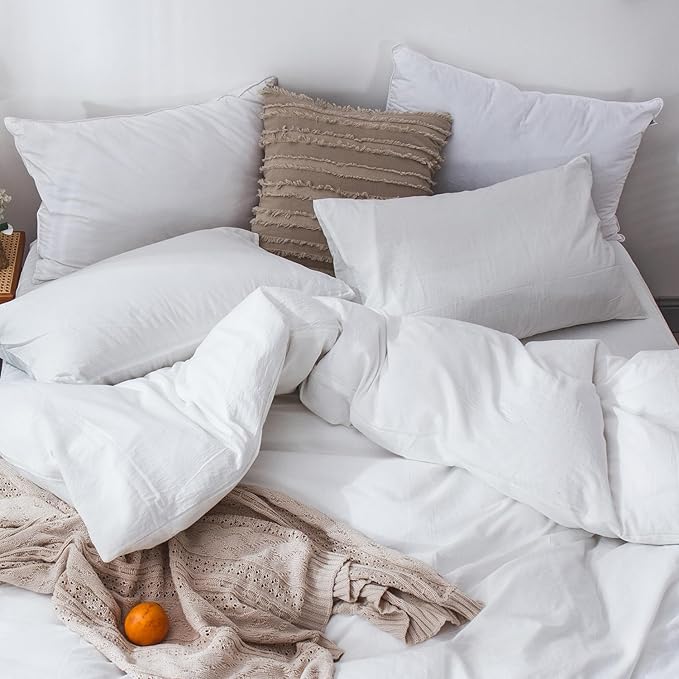 MooMee Bedding Duvet Cover Set 100% Washed Cotton Linen Like Textured Breathable Durable Soft Comfy (Solid Off White, Twin 68"x90")