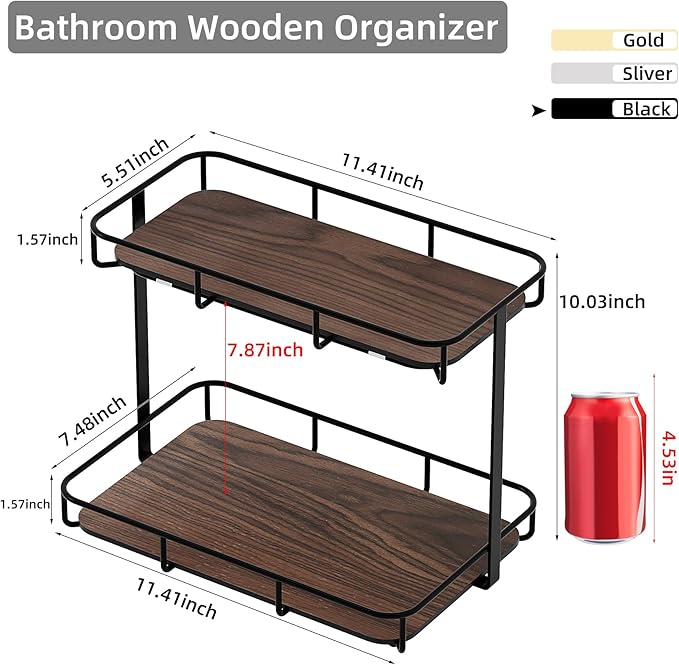 Bathroom Organizer Countertop Perfume Organizer Makeup Organizer Cosmetics Storage Display Rack Vanity Tray Dresser Stainless Steel Gold Shelf White Marble Ceramic Tray (2 Tier L-Black Wood)