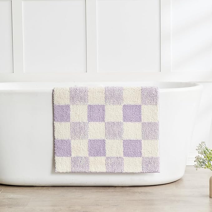 CozeCube Bath mats for Bathroom Non Slip, Fluffy Absorbent Microfiber Bath mat Washable, Aesthetic Bathroom Rugs, Small Purple Checkered Bath mat, Lavender, 24" x 16"