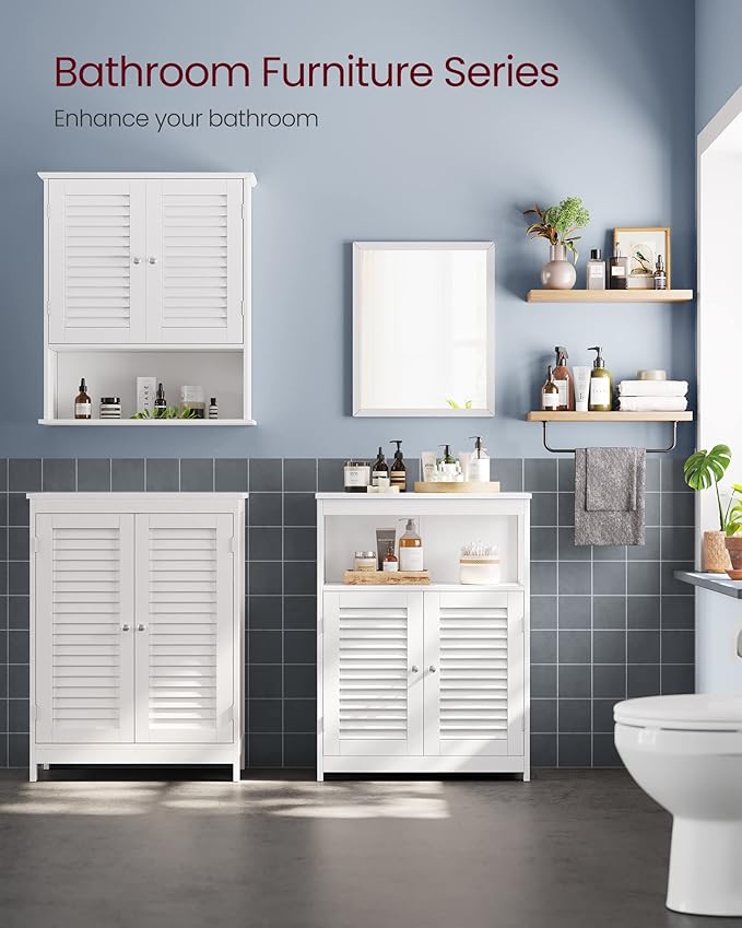 VASAGLE Floor Storage Cabinet, Freestanding Storage Unit with Double Shutter Doors and Adjustable Shelf, for Living room, Bathroom, Entryway, Kitchen, White UBBC40WT