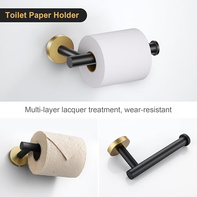 Lairuier 5 Pieces Black Gold Bathroom Accessories Set, 23.6 Inch Bath Towel Bar Set, SUS304 Stainless Steel Bathroom Hardware Set Round Toilet Paper Holder Set Wall Mounted