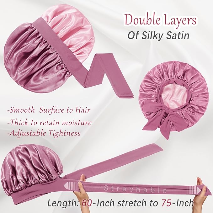 Double Layered Silk Satin Bonnet with Tie for Sleeping Black Women, Wide Band Large Hair Wrap Sleep Cap for Curly Hair Braid
